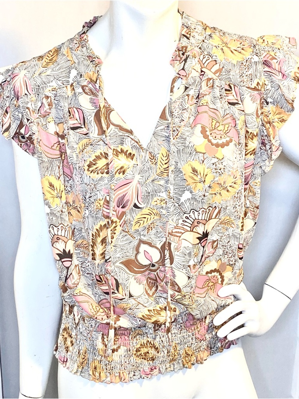 Floral Smocked Waist Peplum Blouse flutter sleeve in Pink, Mustard & Cream M
